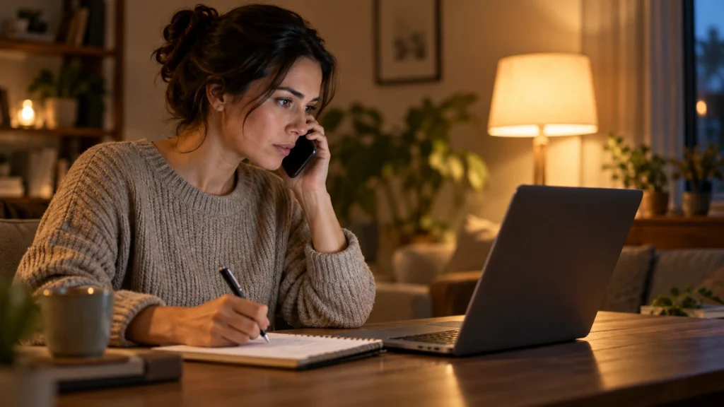 Person phones for help while making notes beside a laptop at home