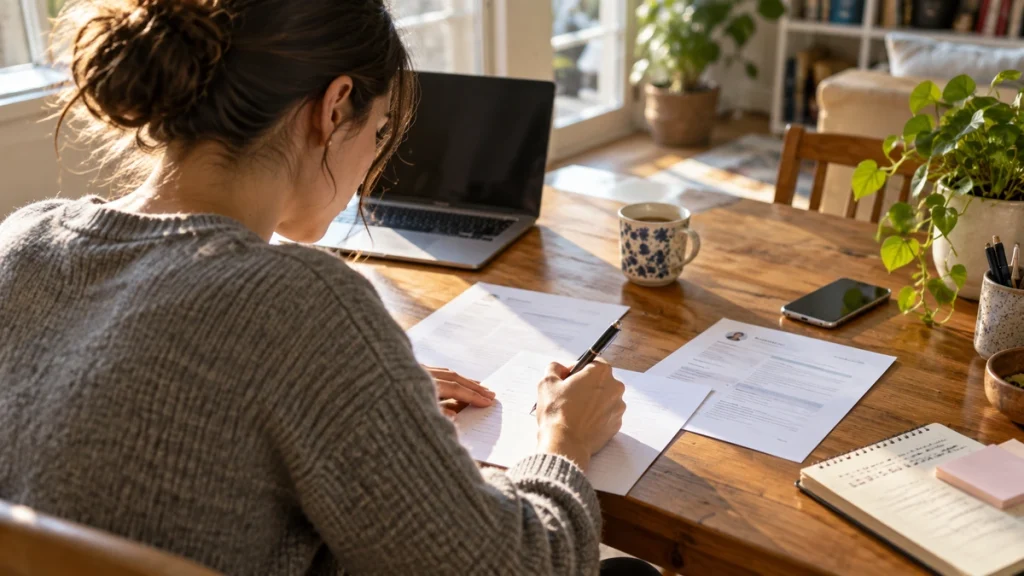 Job seeker drafting a cover letter beside a CV at a sunlit table