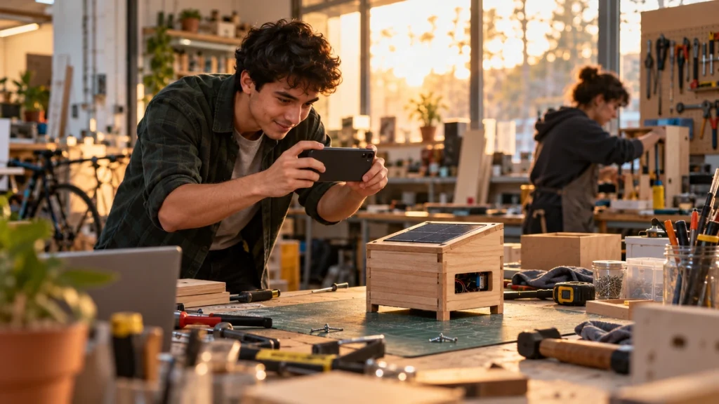 Young applicant photographs a finished project in a community workshop