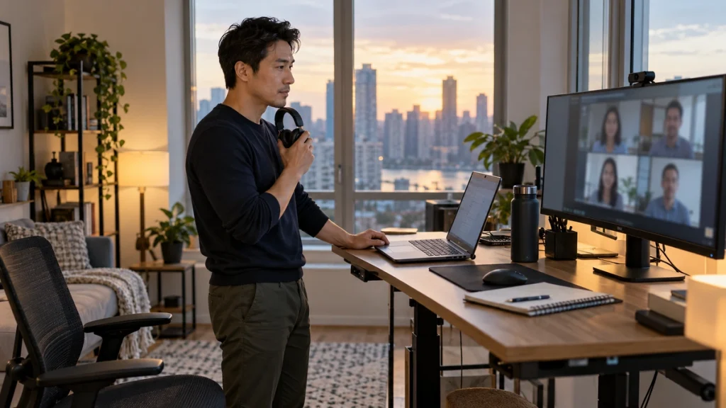 Remote professional at an adjustable desk with a blurred team call