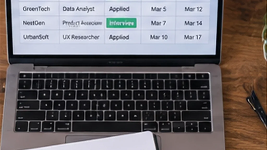 Laptop displaying a job application tracker with statuses, dates and follow-up tasks