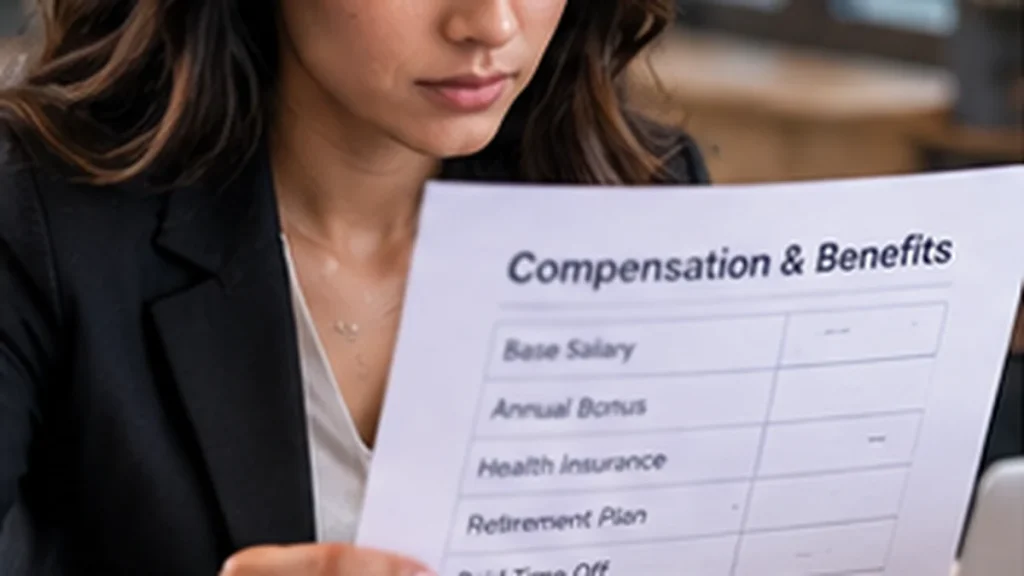 Candidate completing a job offer evaluation by reviewing compensation, benefits and work terms