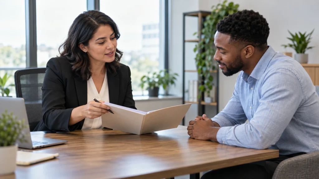 Recruiter and applicant discuss a plain folder across an office table