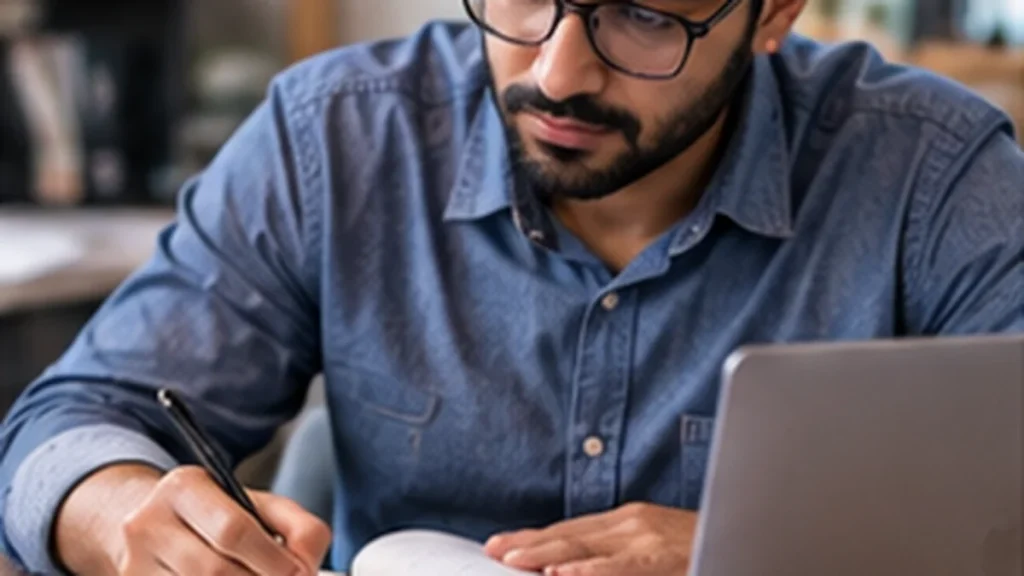 Applicant tailoring a job application with a resume, notes and job requirements beside a laptop